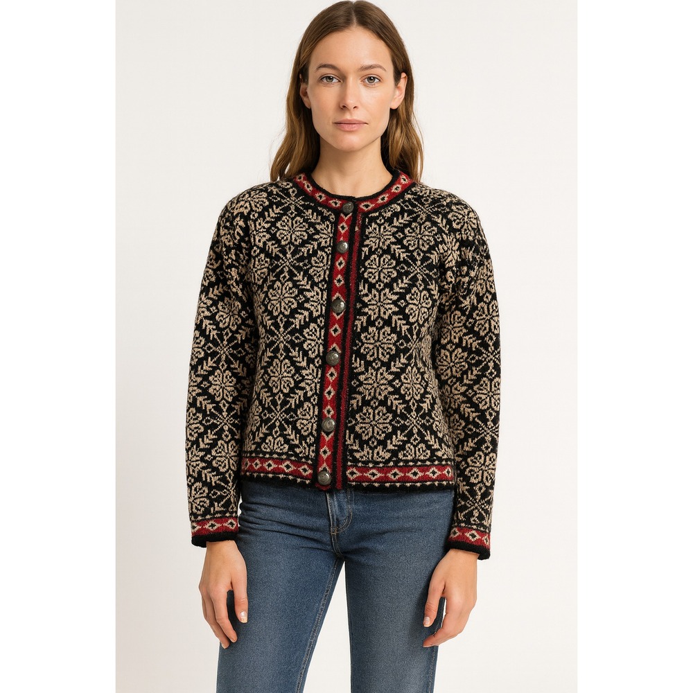LL Bean Fair Isle Nordic Sweater Women M Black Cream Cotton HK VTG Cottagecore